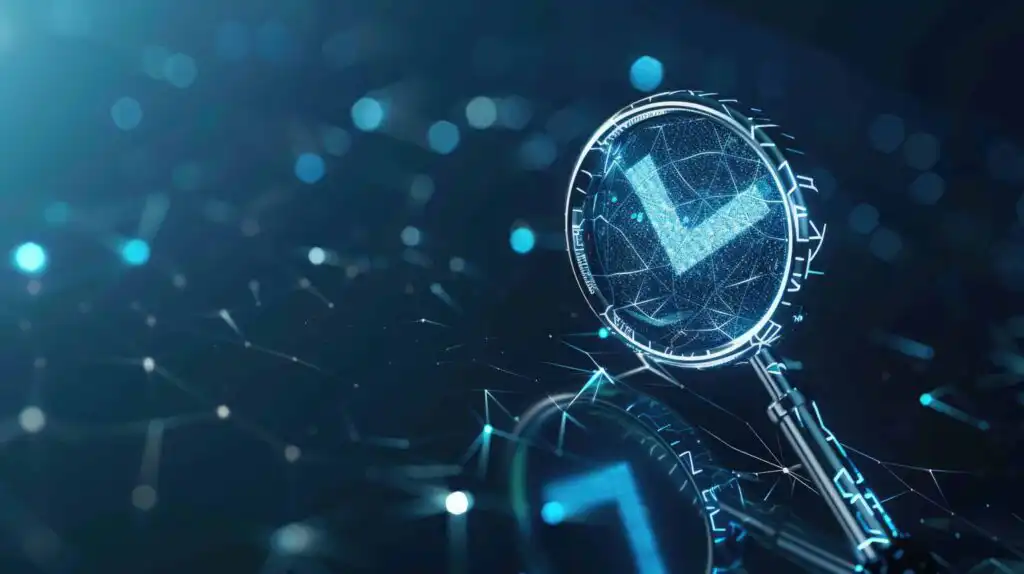 AI algorithm with magnifying glass and checkmark symbolizing ethical auditing and evaluation. AI ethics