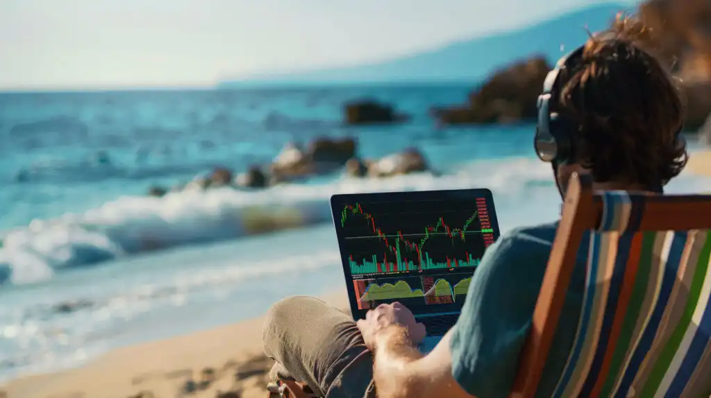 Successful rich stock trading investor, man trader or broker relaxing on summer beach at sea using laptop computer investing money in rising financial market analyzing charts on screen. Over shoulder.